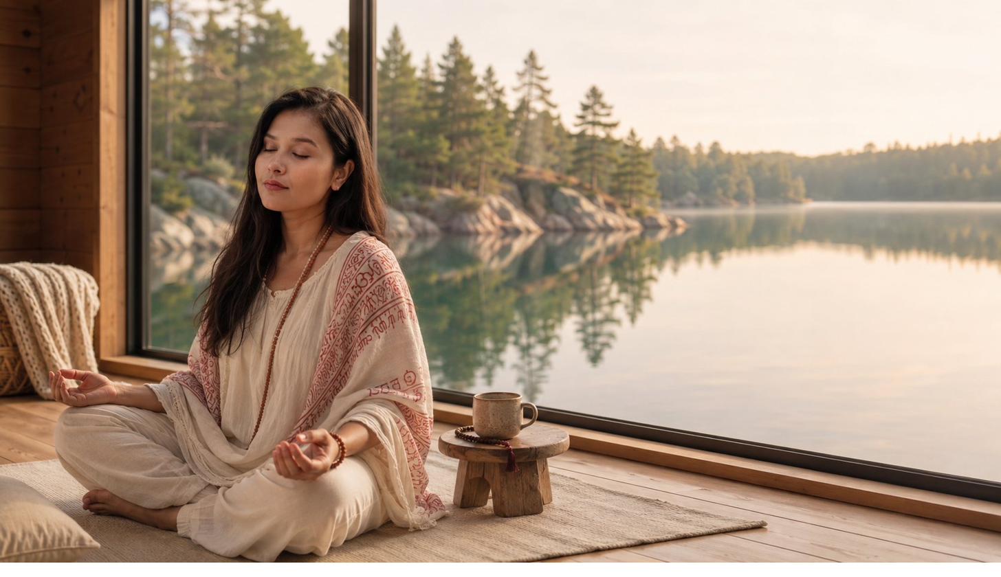 Himali meditating in lotus pose by a lakeside window
