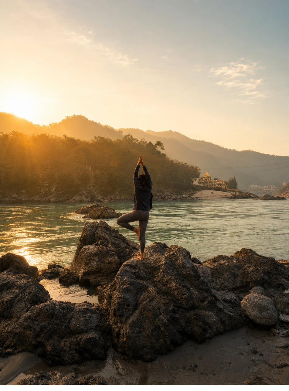 Tree pose at the Ganga river, Rishikesh