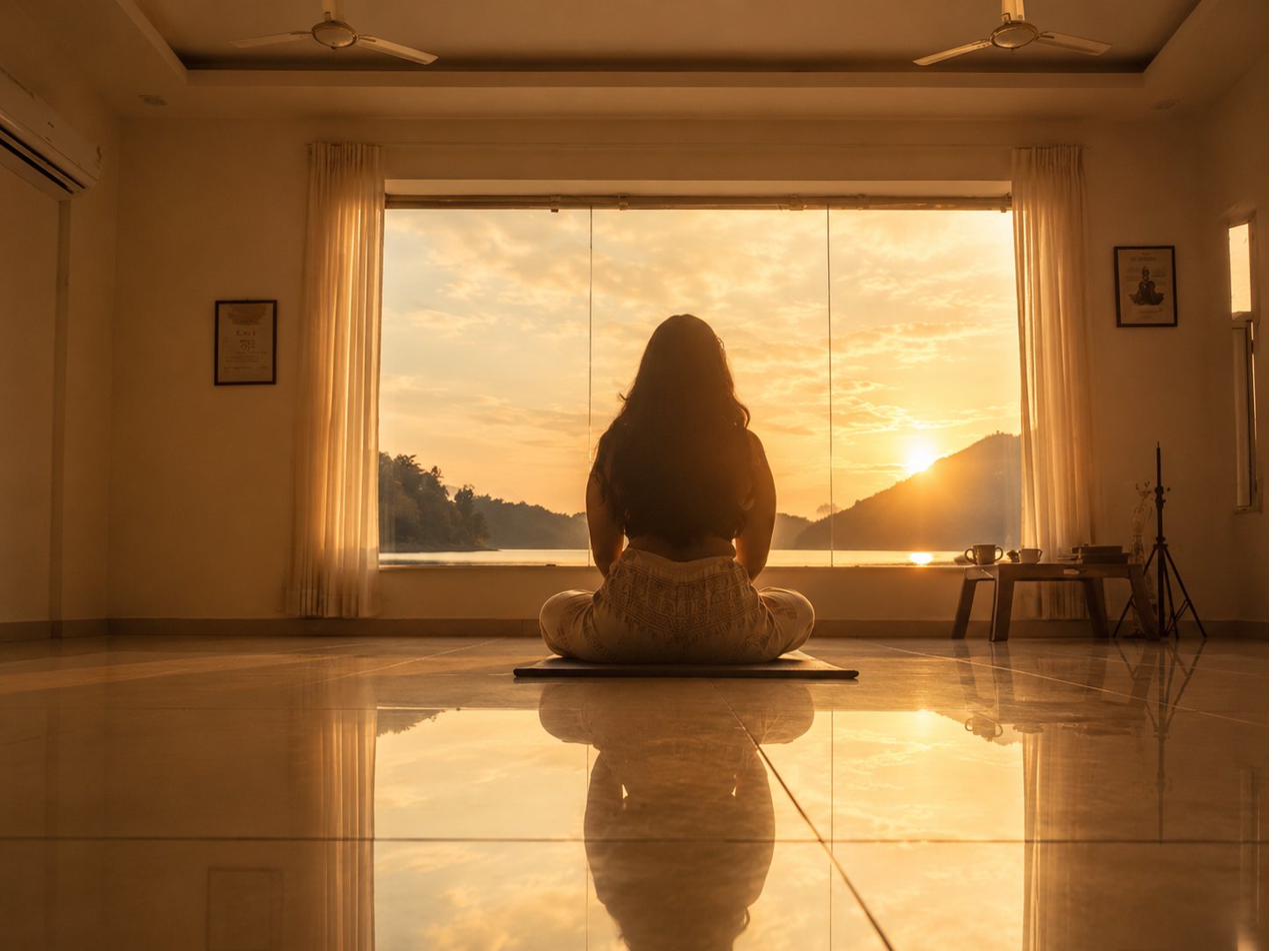 Silhouette of a woman seated in meditation at sunrise